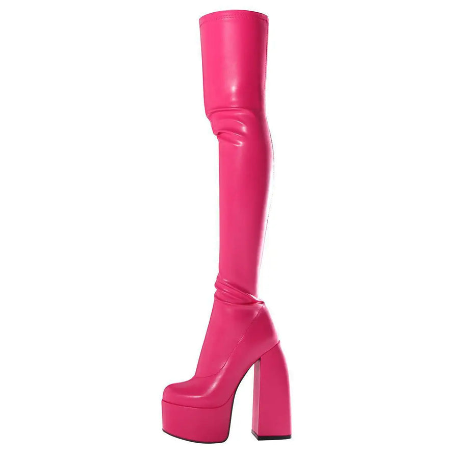 Cuissardes Femme Sexy 2025 – Talon Carré Haut, Plateforme, Bout Rond, Strass Papillon | Bottes au-dessus du genou à fermeture zip