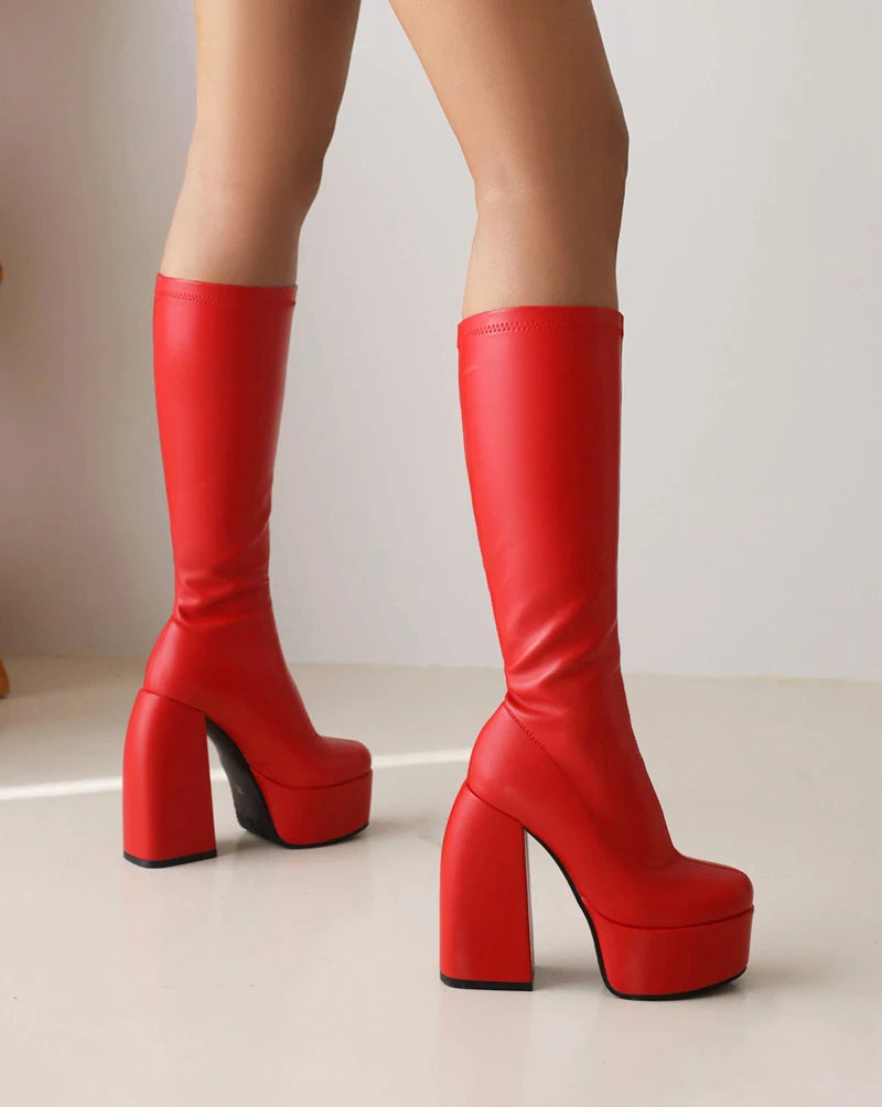 Bottes femmes noires à talons épais – Bottes hautes élastiques style punk avec plateforme chunky, parfaites pour l’automne/hiver et les soirées