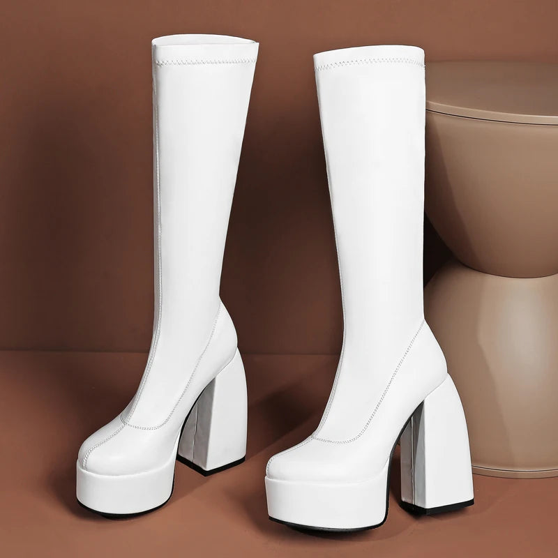 Bottes femmes noires à talons épais – Bottes hautes élastiques style punk avec plateforme chunky, parfaites pour l’automne/hiver et les soirées