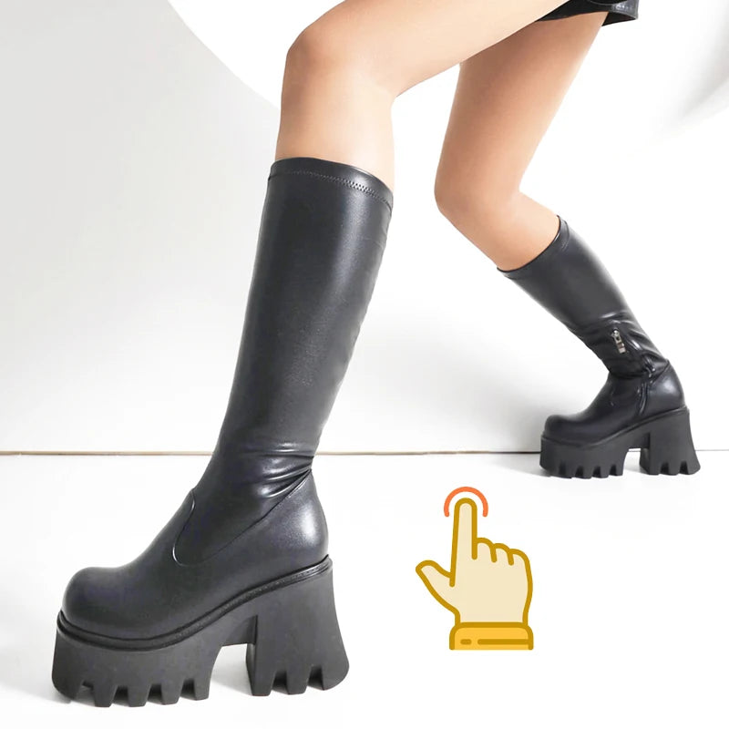 Bottes femmes noires à talons épais – Bottes hautes élastiques style punk avec plateforme chunky, parfaites pour l’automne/hiver et les soirées