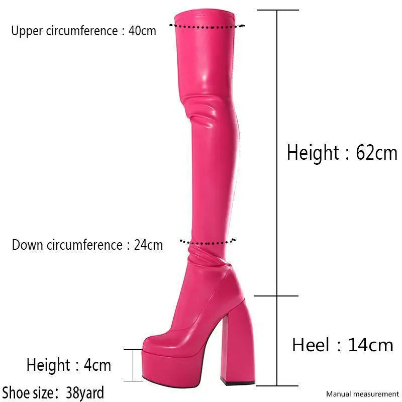 Cuissardes Femme Sexy 2025 – Talon Carré Haut, Plateforme, Bout Rond, Strass Papillon | Bottes au-dessus du genou à fermeture zip