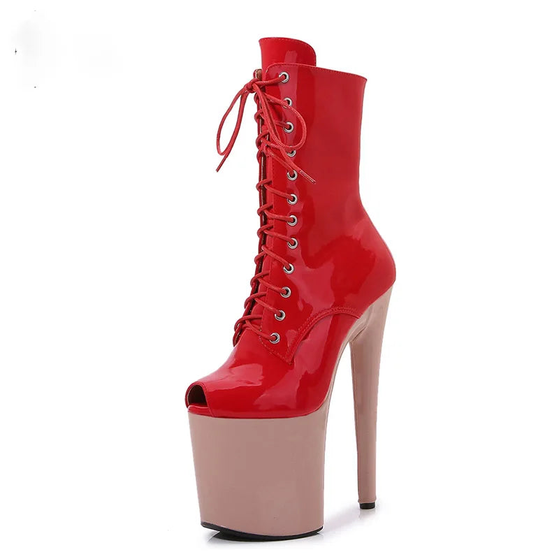 Women's Summer Boots - Short Heel, Perforated and Peep Toe Style