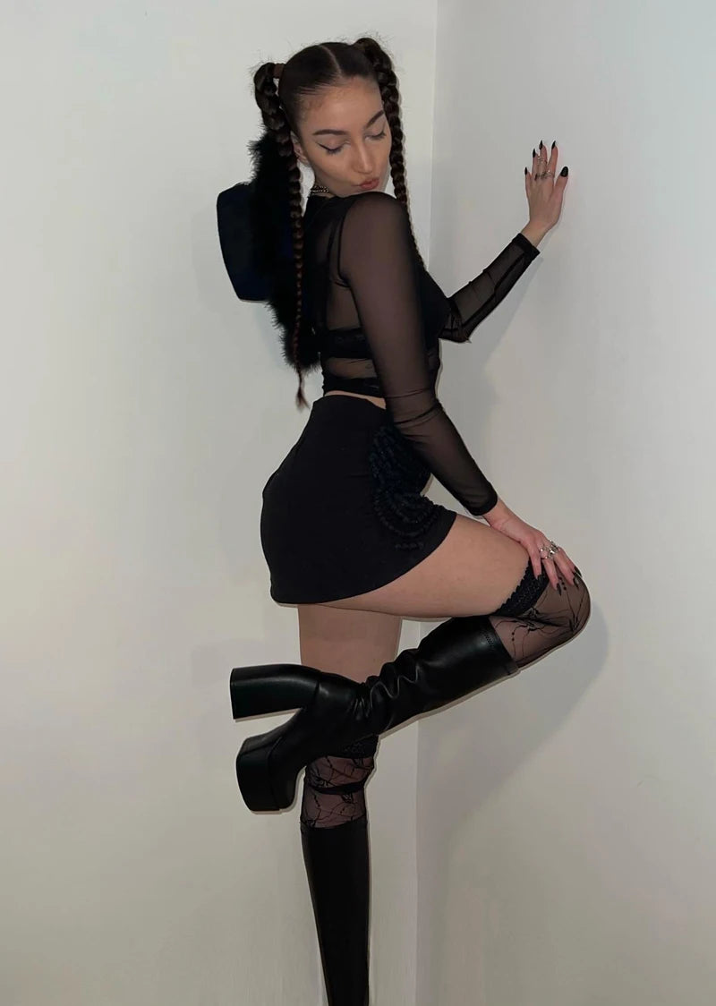 Bottes femmes noires à talons épais – Bottes hautes élastiques style punk avec plateforme chunky, parfaites pour l’automne/hiver et les soirées