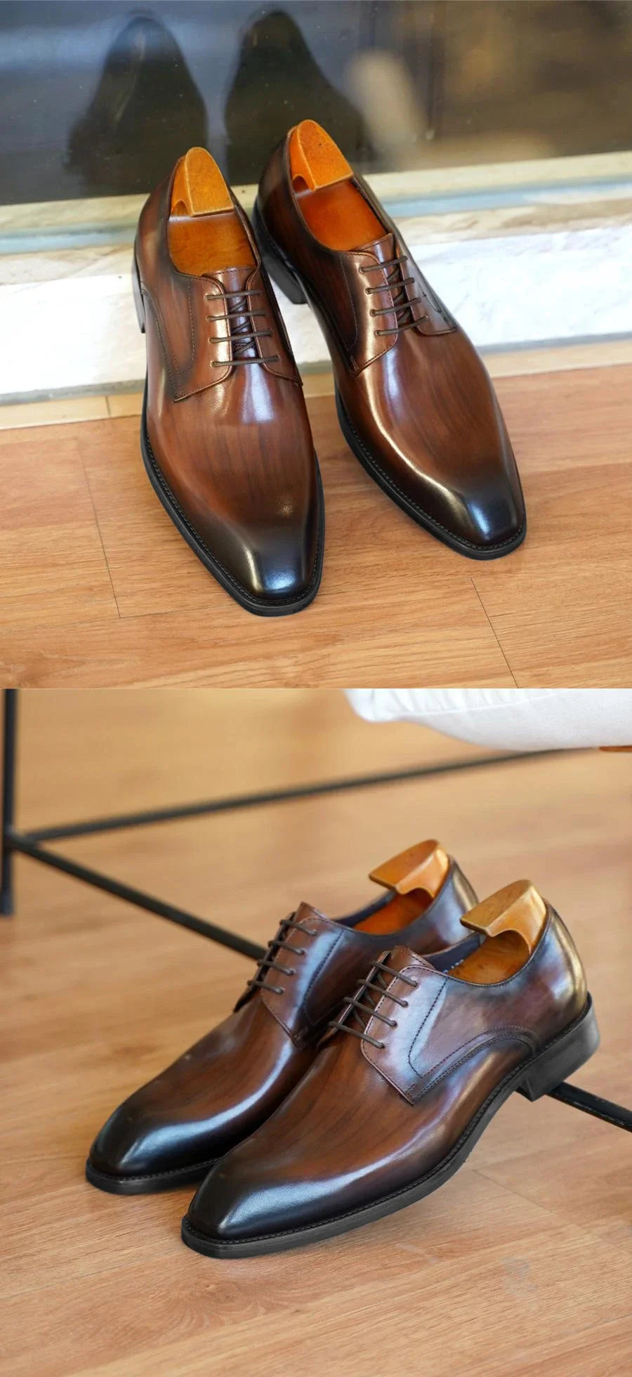 Chaussures habillées italiennes pour hommes – Luxe en cuir véritable, faites à la main, bout carré, lacets, idéales pour affaires et soirées