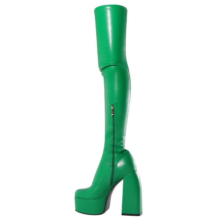 Cuissardes Femme Sexy 2025 – Talon Carré Haut, Plateforme, Bout Rond, Strass Papillon | Bottes au-dessus du genou à fermeture zip