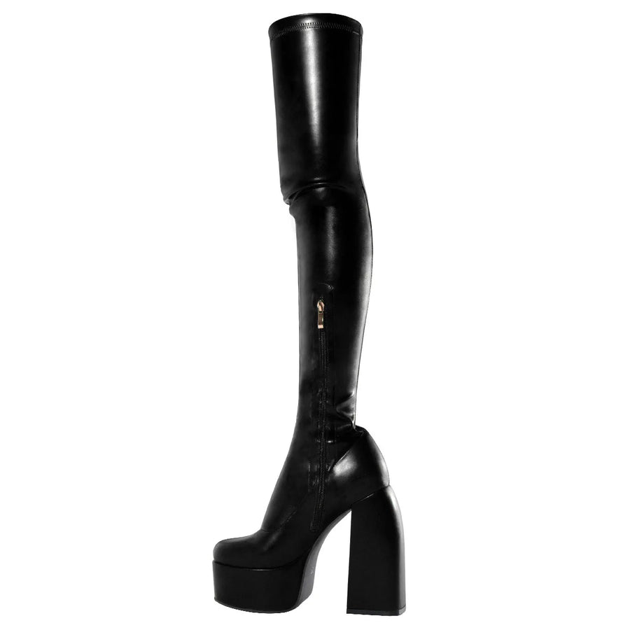 Cuissardes Femme Sexy 2025 – Talon Carré Haut, Plateforme, Bout Rond, Strass Papillon | Bottes au-dessus du genou à fermeture zip
