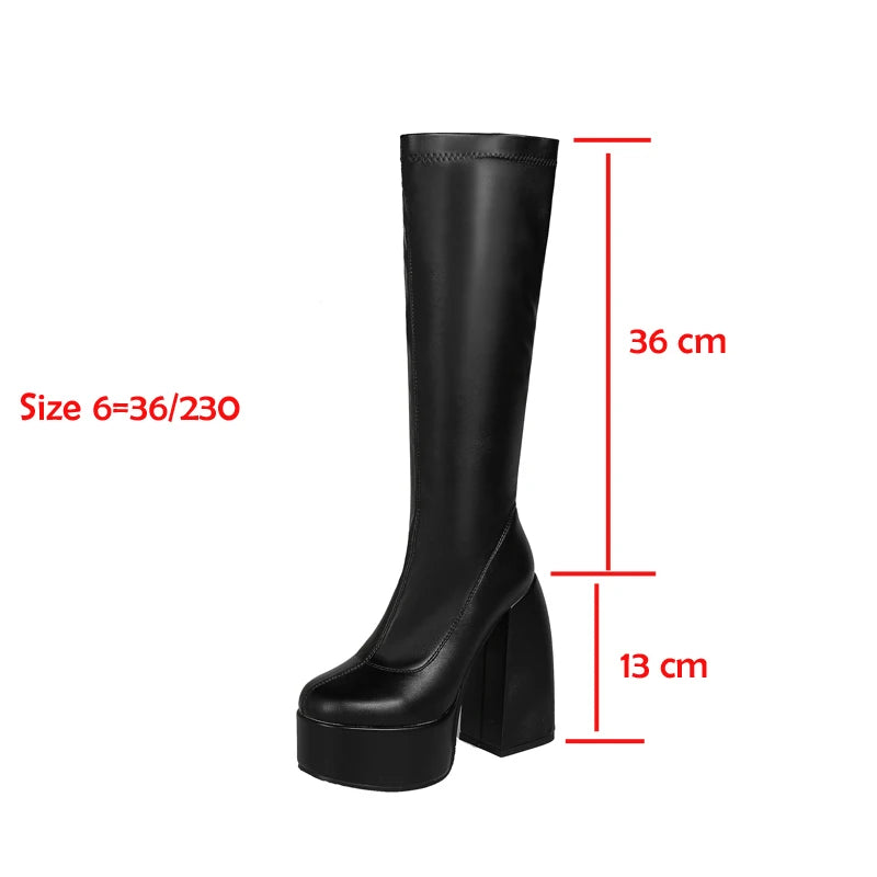Bottes femmes noires à talons épais – Bottes hautes élastiques style punk avec plateforme chunky, parfaites pour l’automne/hiver et les soirées